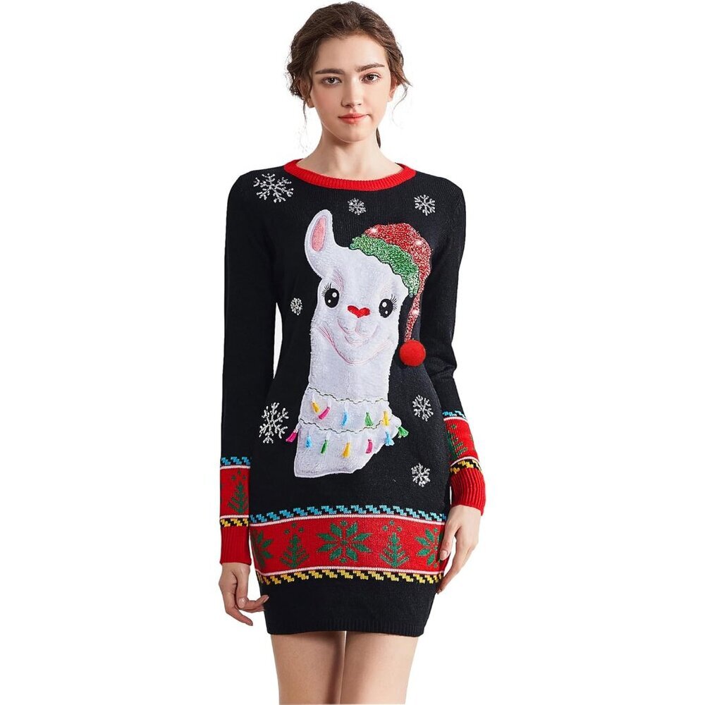 Women Ugly Christmas Sweater Knit Dress Reindeer Santa Elf Snowman Xs-Xxl